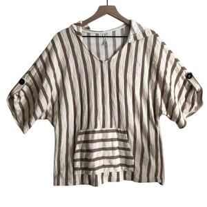 Perseption Concept Beach Boho Brown White Striped Short Sleeve Hoodie Sweater